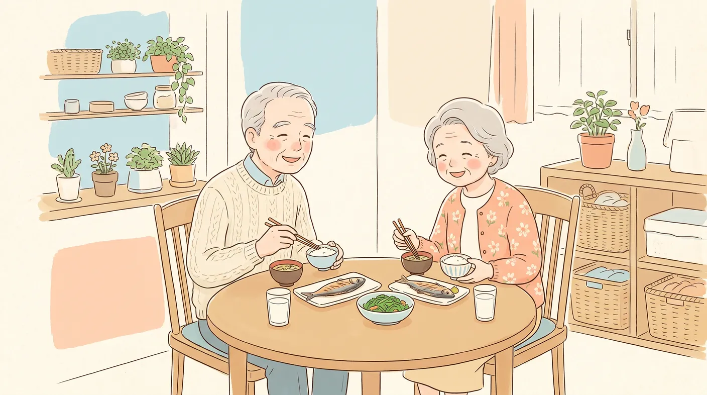 魚や牛乳、青菜の並ぶ食卓を、年配のご夫婦が向かい合って囲む団らん