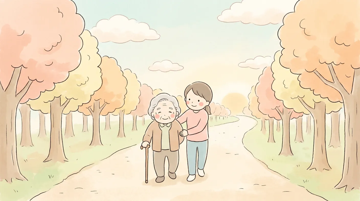 季節のうつろう道を、杖を手にゆっくり歩む年配の方と、寄り添う家族。遠くにやわらかな光