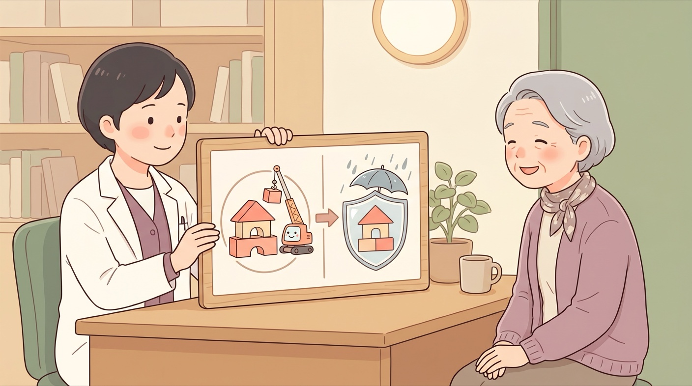 診察室で、医師が2種類のお薬の役割をやさしく図で示し、年配の女性が納得した表情で聞いている