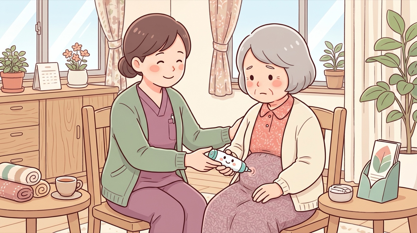 診察室で、看護師がやさしく寄り添いながら、年配の女性と一緒に注射の練習をしている