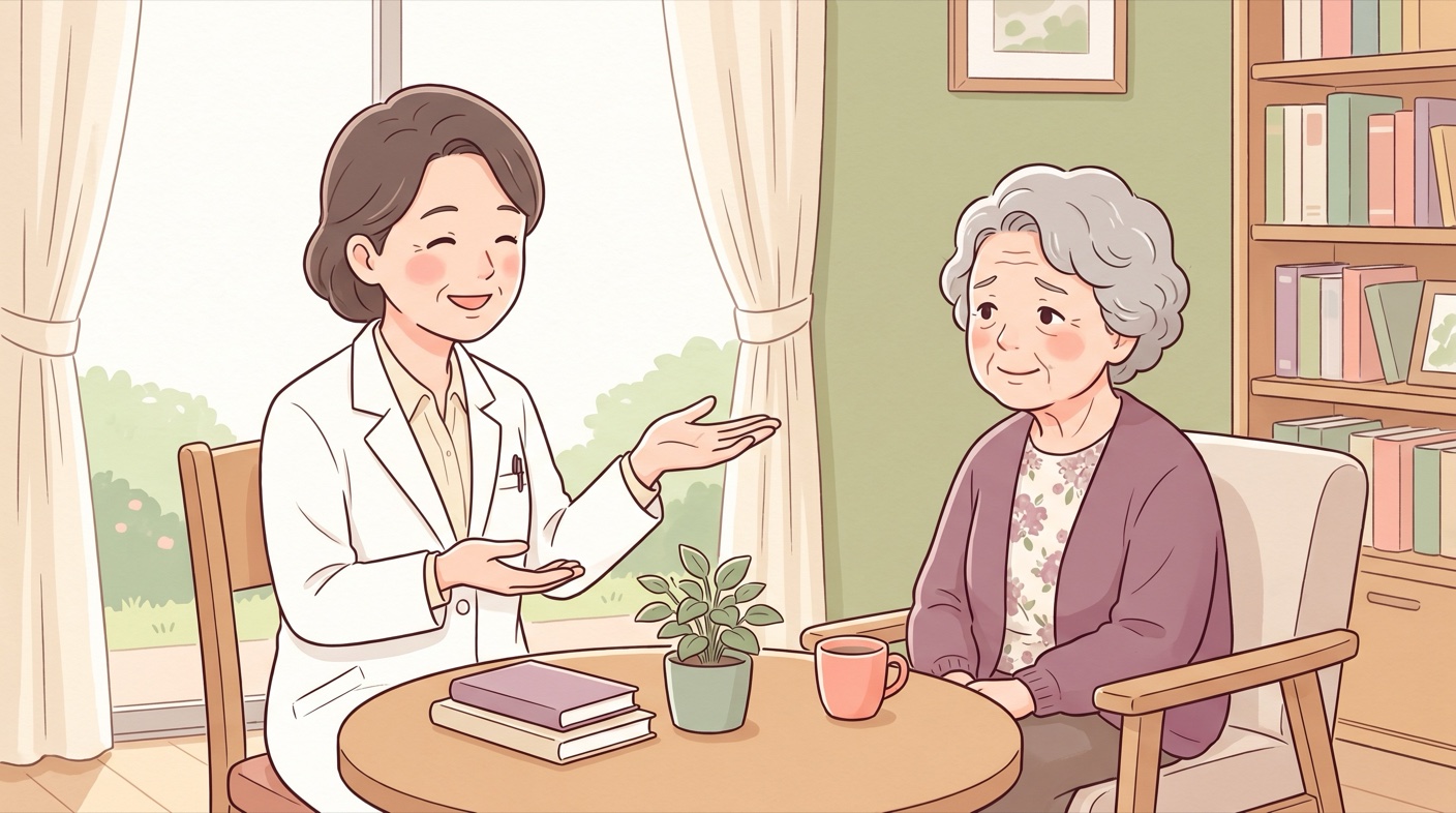 診察室で、医師がやさしく、お薬のメリットとまれな副作用のバランスを年配の女性に説明している