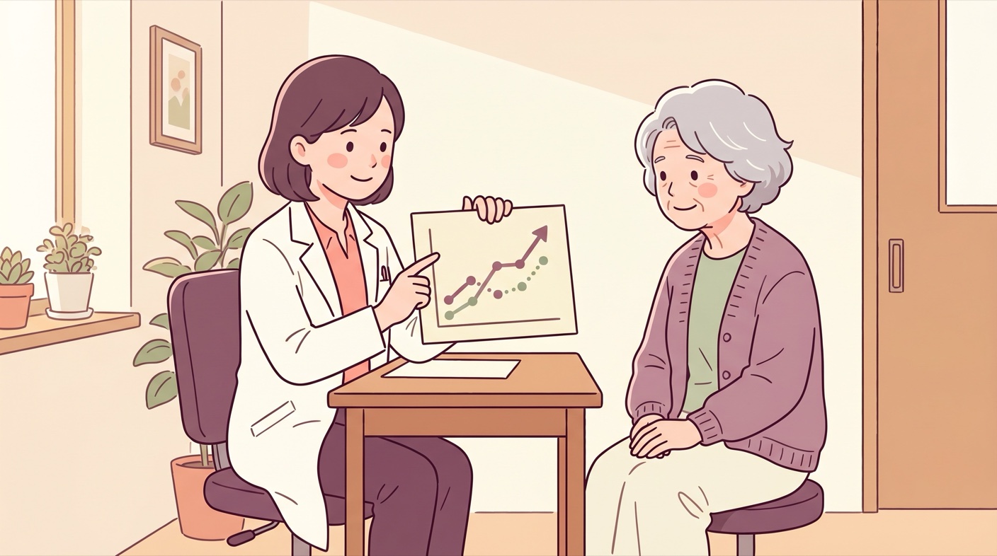 診察室で、医師が骨密度の経過グラフを見せながら、年配の女性とお薬の続け方について和やかに相談している