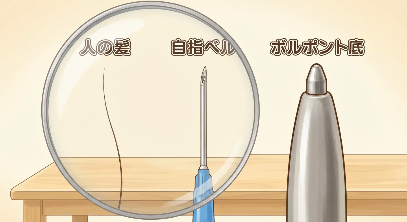 Needle size comparison — thinner than a strand of hair